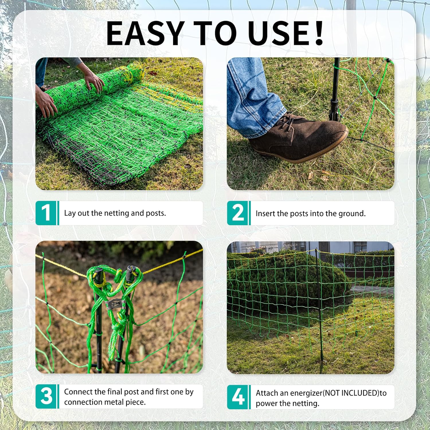 Electric Fence Netting -  Portable Movable Livestock Nets Mesh for Goats, Sheep, Hogs, Dog, All-Purpose Electric Fencing for Backyards, Homesteaders, Farms Ranches, and Gardens